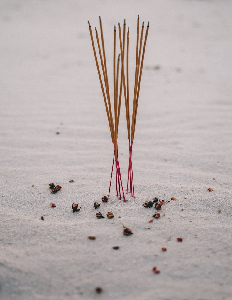 Incense sticks standing on sand surrounded by flower petals, creating a serene meditation setting.